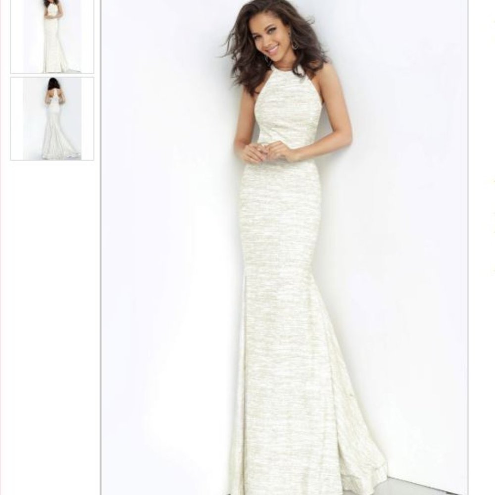 Jovani 00688 High Neck White & Gold Glitter Dress